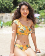 Dona – Yellow tropical- One shoulder Ruffle top