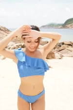 「現貨」Dona – Crinkle deep blue - One shoulder Ruffle top - Image 2
